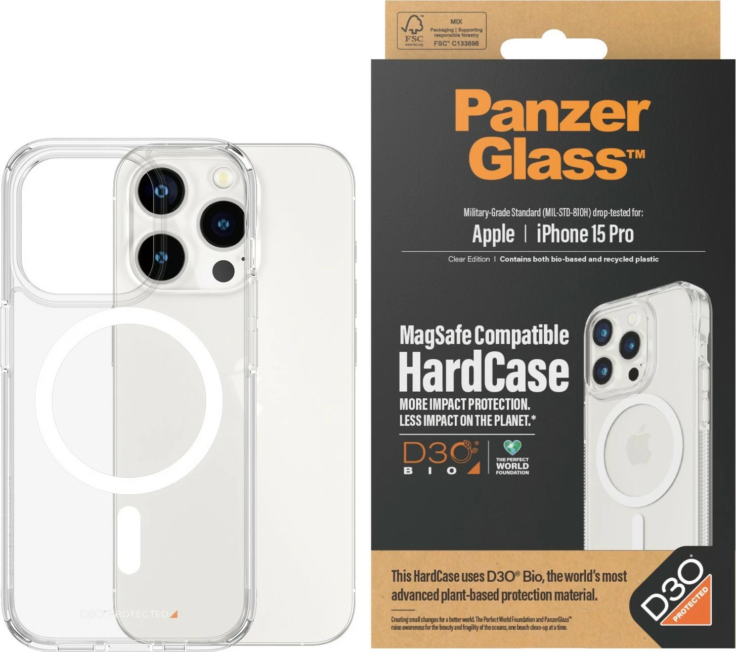 Mbështjellës PanzerGlass për iPhone 15 Pro, MagSafe, transparent