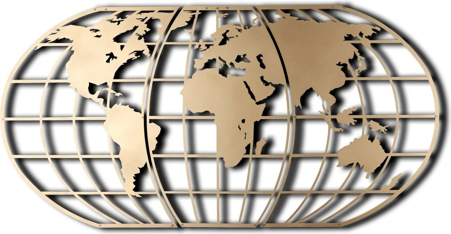 Aksesor dekorativ metalik për mur, hartë bote, ngjyrë ari, Wallity