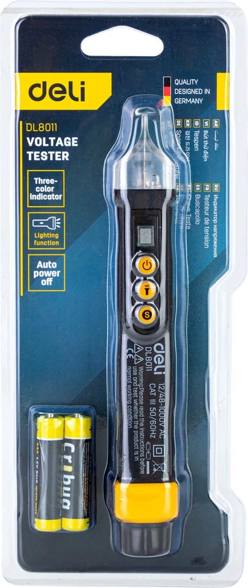 Testues tensioni pa kontakt Deli Tools EDL8011, 12/48-1000V AC, zi, set me 2 bateri