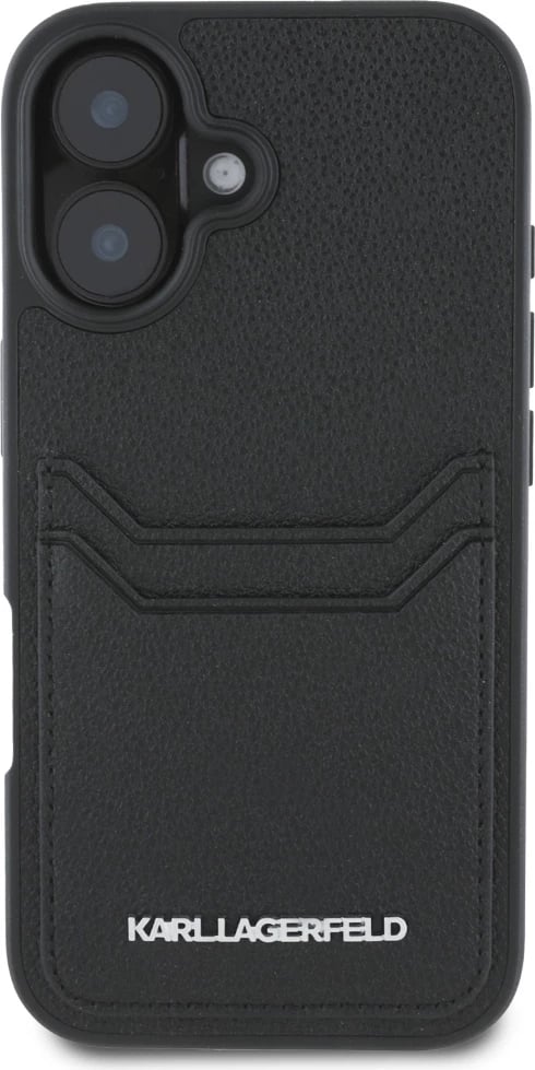 Mbështjellës Karl Lagerfeld HC Grained PU Cardslot Metal Elong për iPhone 16, e zezë
