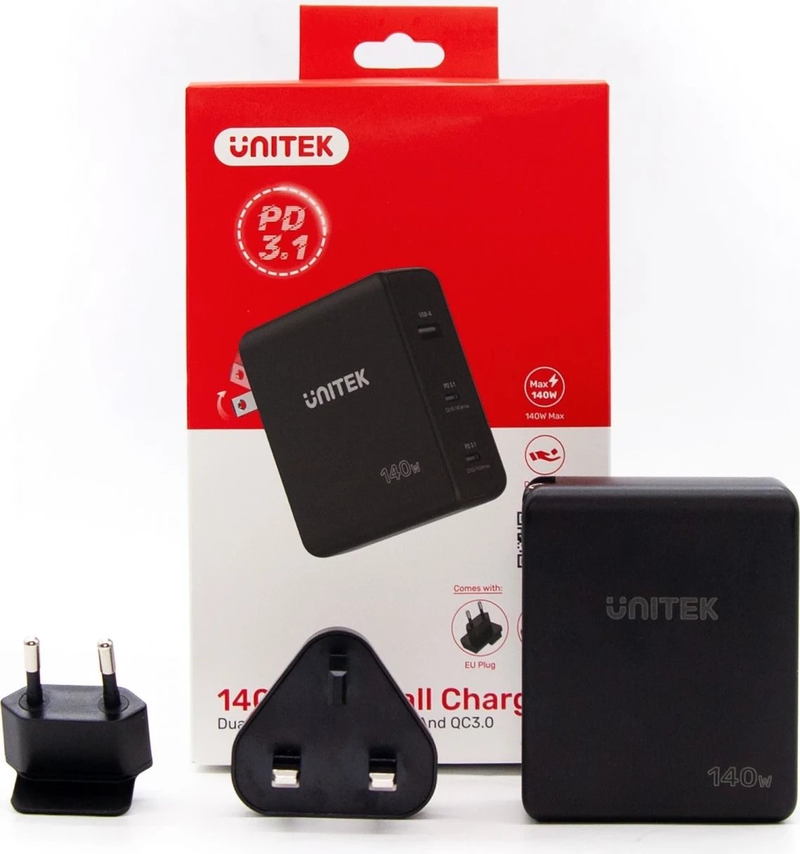 Karikues Unitek GaN me 3 porta, 140W, ngjyrë e zezë