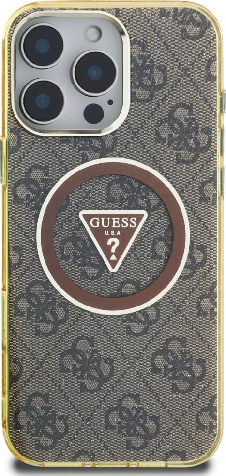 Mbështjellës Guess IML Metal Glitter 4G Circle Triangle MagSafe për iPhone 16 Pro, Kafe