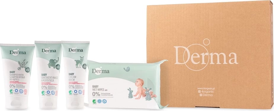 Set për kujdesin e foshnjës Derma Eco Baby unisex, 100ml + 100ml + 150ml + 64 copë