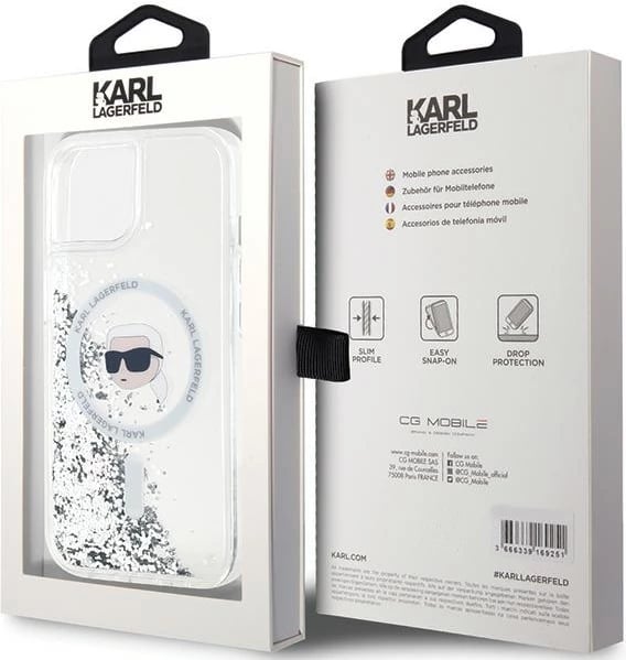 Mbështjellës Karl Lagerfeld Liquid Glitter Karl Head MagSafe për iPhone 15/14/13, Transparent