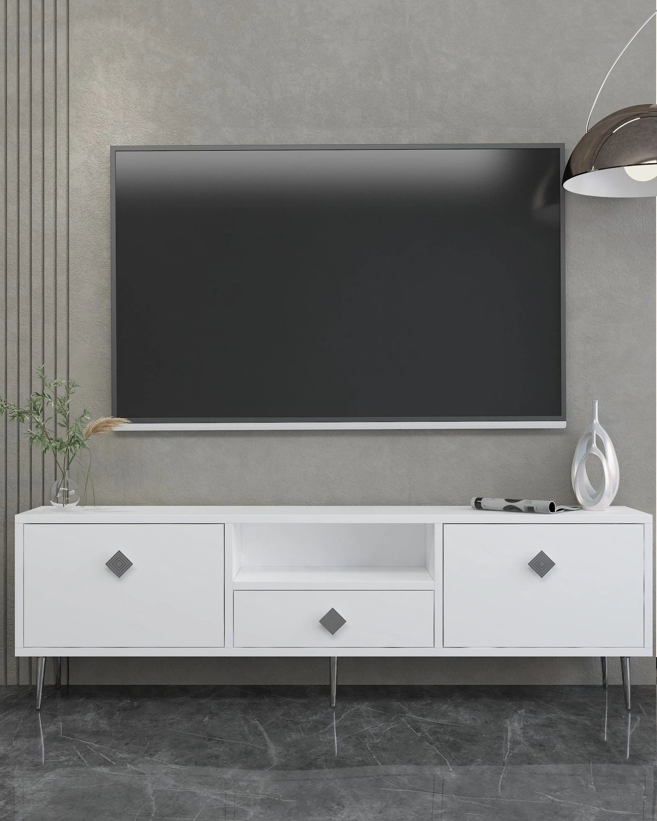 Komodë TV Skye Decor, 1308-DROP-1, e bardhë, argjend