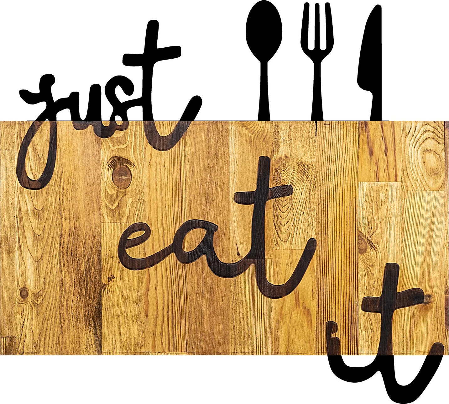 Aksesor dekorativ prej druri për mur, Wallity, Just Eat It, ngjyrë arre dhe e zezë, 58x3x52cm