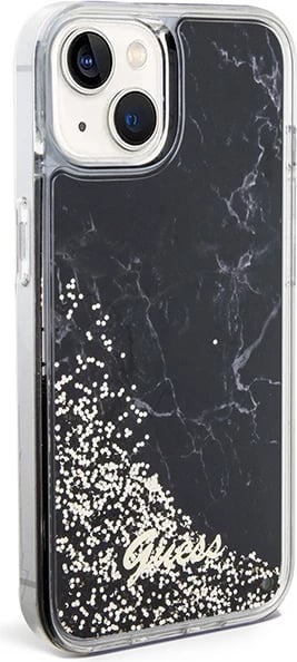 Mbështjellës Guess Liquid Glitter Marble për iPhone 14, i zi