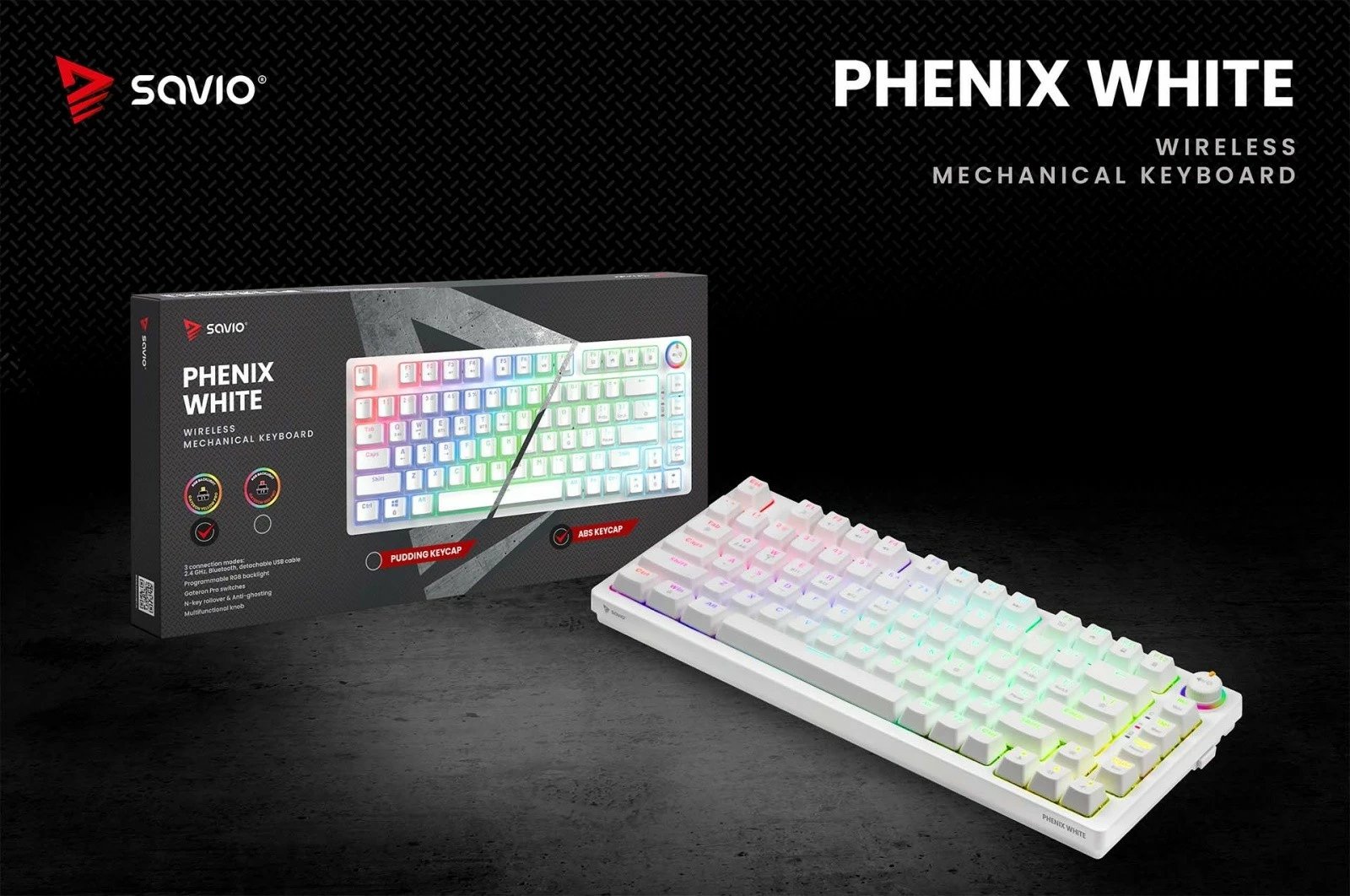 Tastierë mekanike wireless Savio PHENIX WHITE GAT RED, 82 tasta, RGB, e bardhë