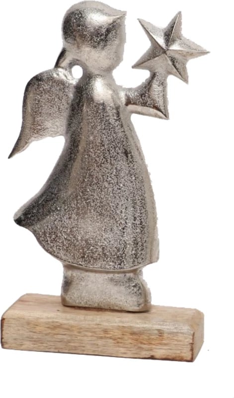 Dekor për Krishtlindje, engjëll me yll, alumin argjendi, dru mango natyral, 5x10x18cm