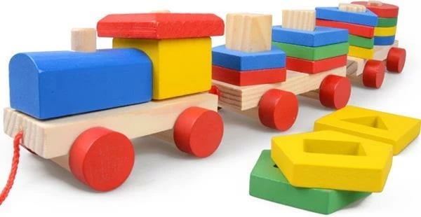 Lodër treni druri tërheqës NEXT, 3 vagona, shumëngjyrësh