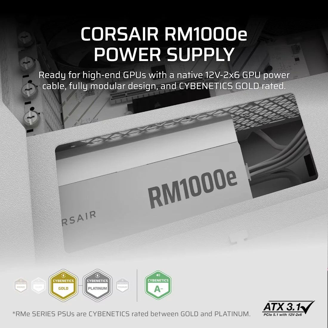 Furnizues energjie ATX, Corsair RM1000e, 1000 W 80 Plus Gold, plotësisht modular ATX 3.1, i bardhë