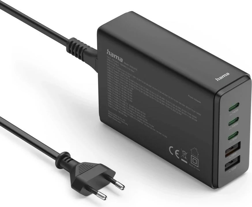 Adapter Hama GaN 140W PD/QC 3x USB-C, 2x USB-A, i zi