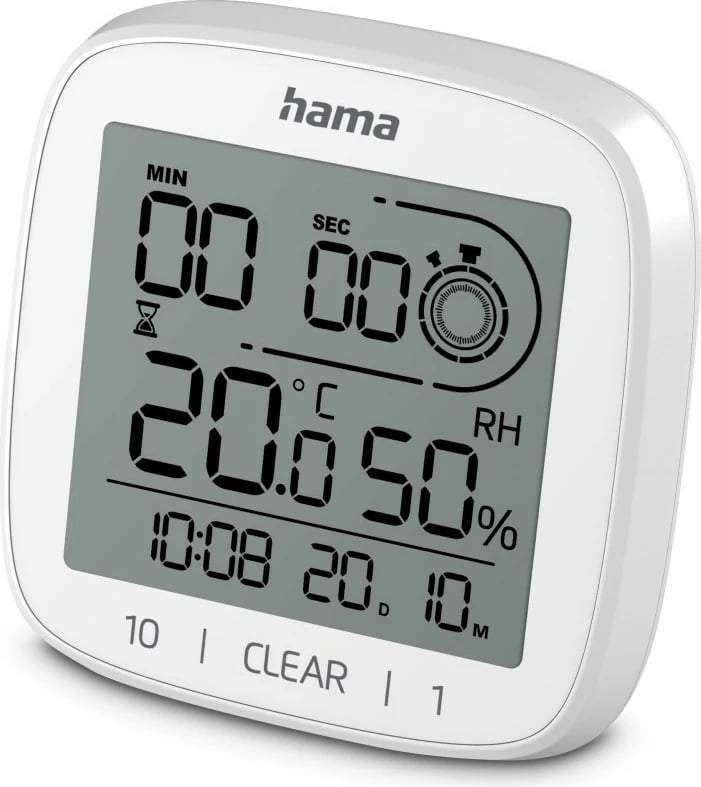 Orë digjitale Hama 185893, me termometër dhe higrometër, e bardhë