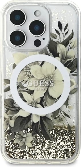 Mbështjellës Guess Liquid Glitter Flower MagSafe për iPhone 16 Pro, Bezhe