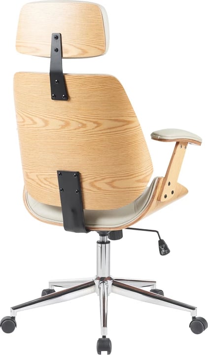 Karrige zyre regjisori Fetseno, lëkurë PU bezhë, bazë kromi, 53x56x113.5-123.5cm