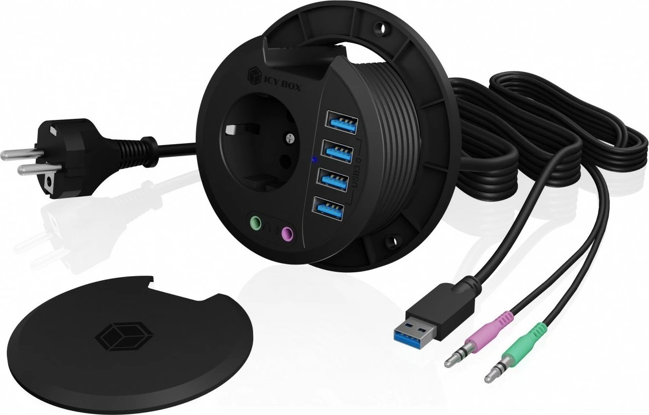 Hub desktop IcyBox IB-HUB1430, 4x USB 3.0, audio in/out, prizë 220V, zi