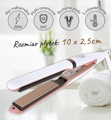 drejtues flokësh, Adler, AD 2321, pllaka qeramike, 5 temperatura 140-220°C, ekran LCD, pllaka 10x2.5cm, kabllo rrotulluese 360°, e bardhë perle