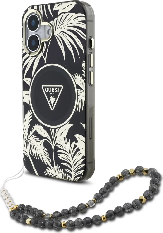 Mbështjellës Guess Palm Trees Triangle Pearl Strap MagSafe për iPhone 16, i zi