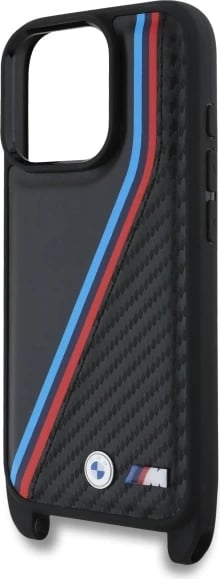 Mbështjellës BMW M Edition Carbon Tricolor Lines me rrip, për iPhone 16 Pro, i zi
