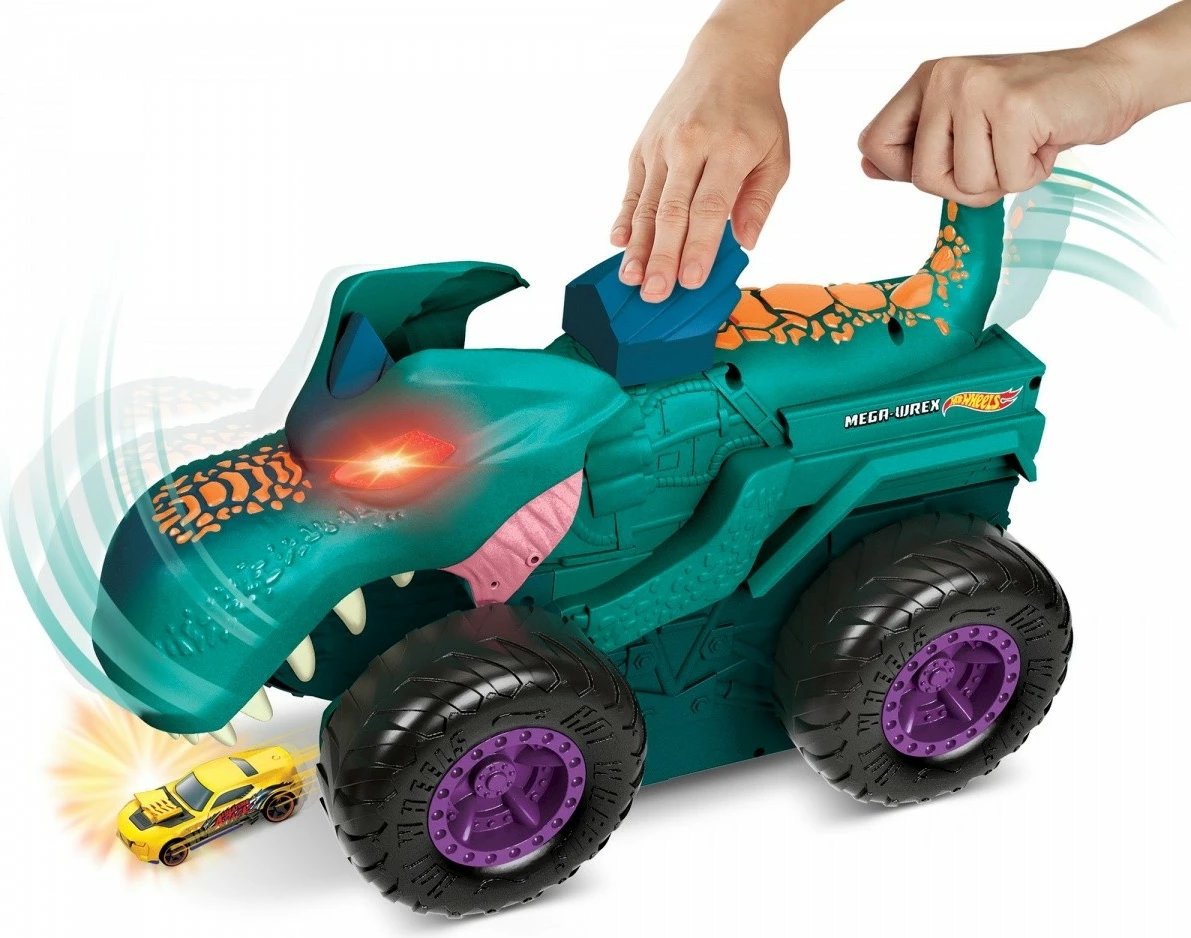 Lodër Hot Wheels Mega Wrex Car Eater Vehicle, me efekte zanore dhe dritash, për fëmijë, Set me makinë metalike, Ngjyrë kaltër/portokalli