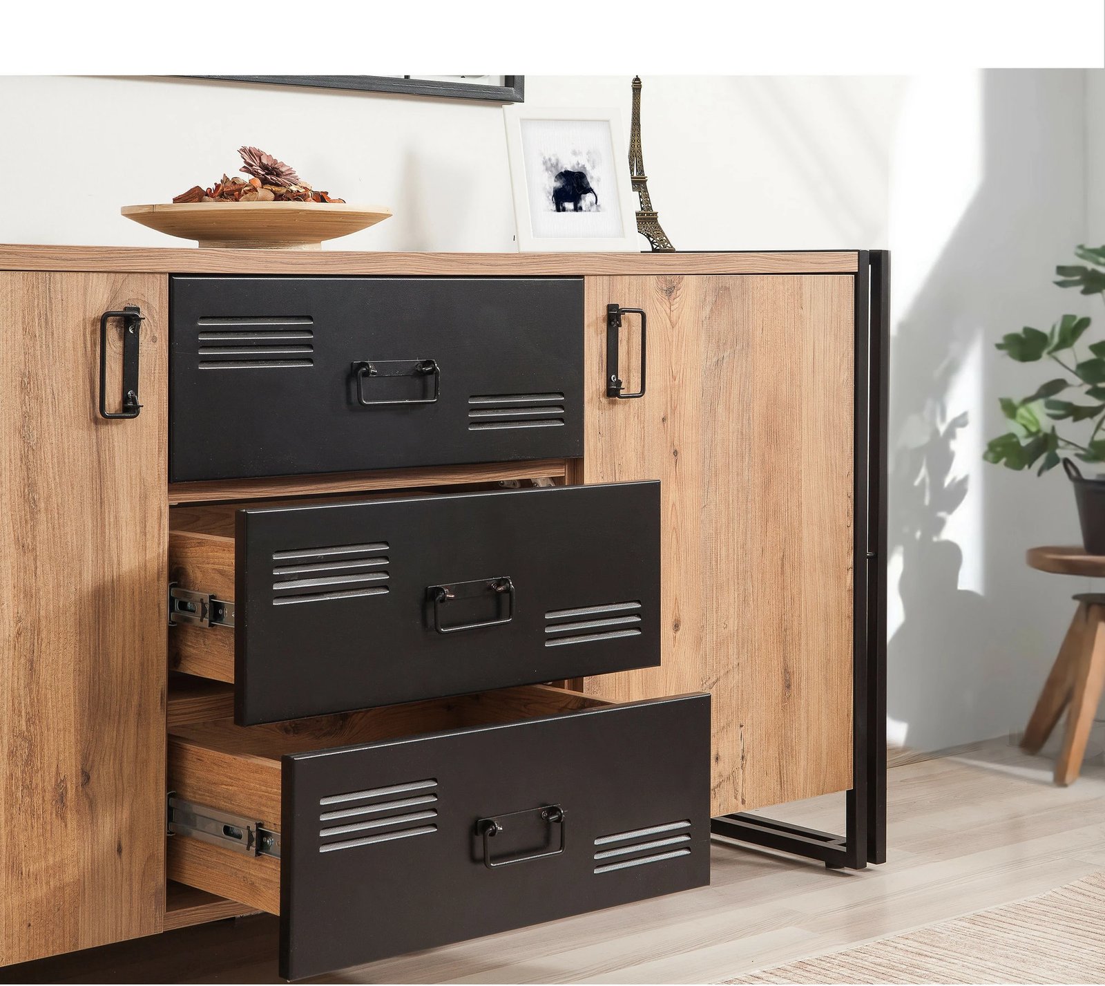 Konsol industrial Skye Decor, ngjyrë Atlantic Pine dhe e zezë, Cosmo Rio