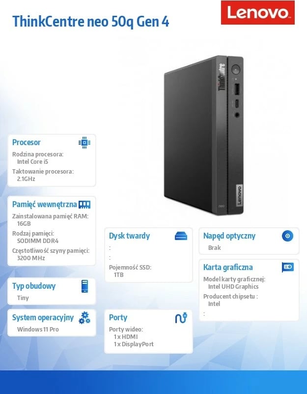 Kasë Lenovo ThinkCentre Neo 50q Tiny G4, Intel Core i5-13420H, 16 GB RAM, 1 TB SSD, Windows 11 Pro, e zezë