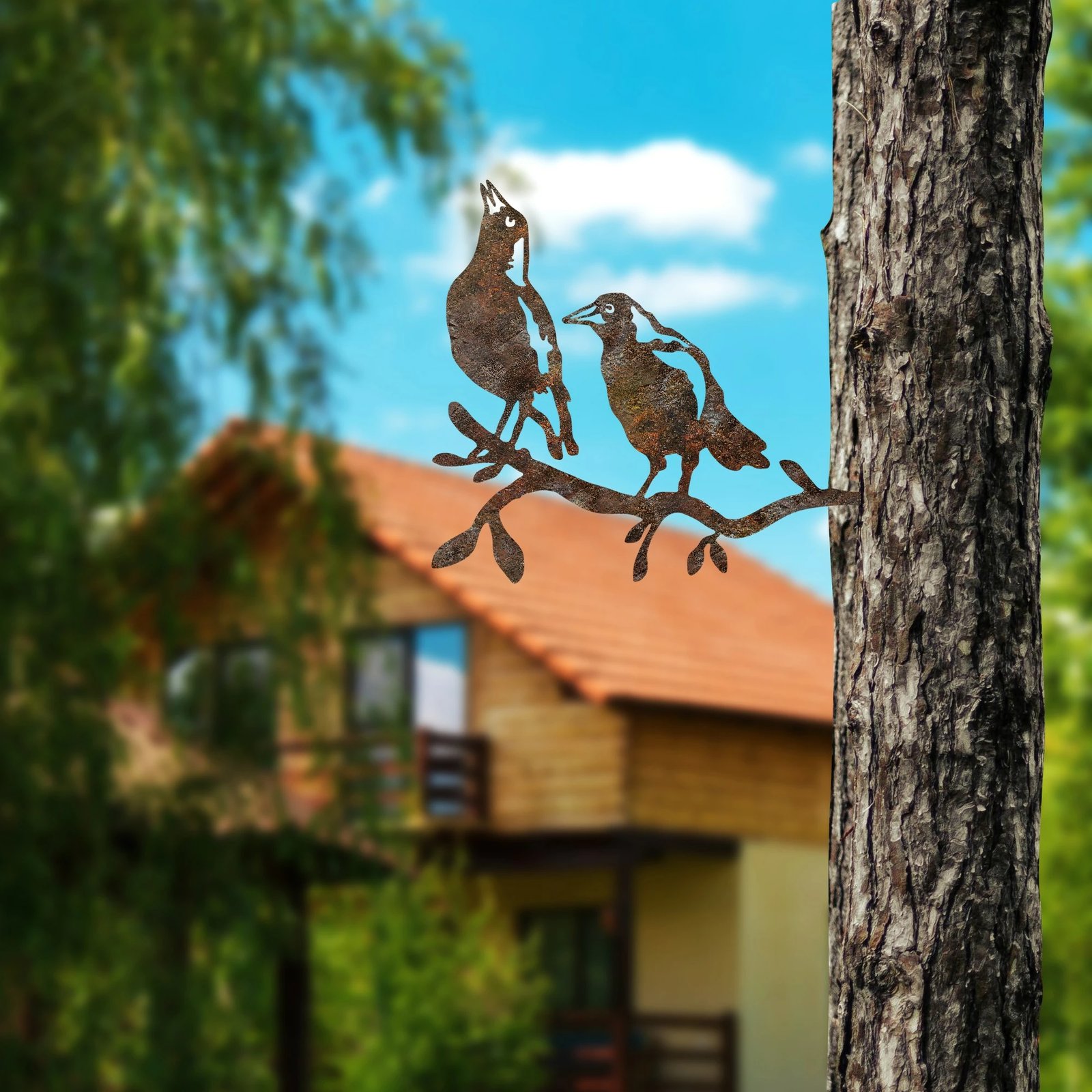 Objekt dekorativ për kopsht, zogj në degë, ngjyrë kafe, Aberto Design, 45x39cm