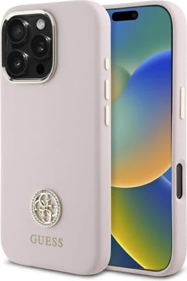 Mbështjellës Guess Silicone Logo Strass 4G për iPhone 16 Pro Max, rozë e çelët