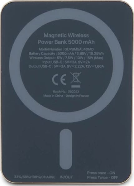 Powerbank Guess 4G Strassed Metal Logo MagSafe, 5000mAh, 15W, Ari