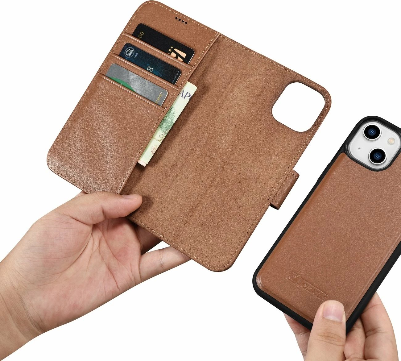 Mbështjellës iCarer Wallet Case 2in1 për iPhone 14, lëkurë, Anti-RFID, Kafe