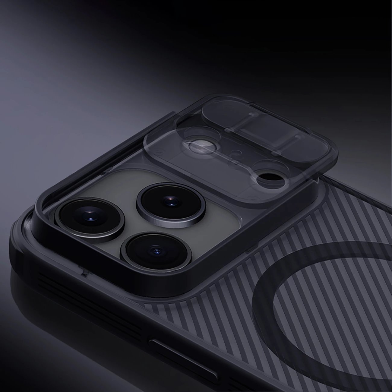 Mbështjellës Nillkin CamShield Pro për iPhone 17 Pro, MagSafe kompatibil, PC+TPU, transparent i zi