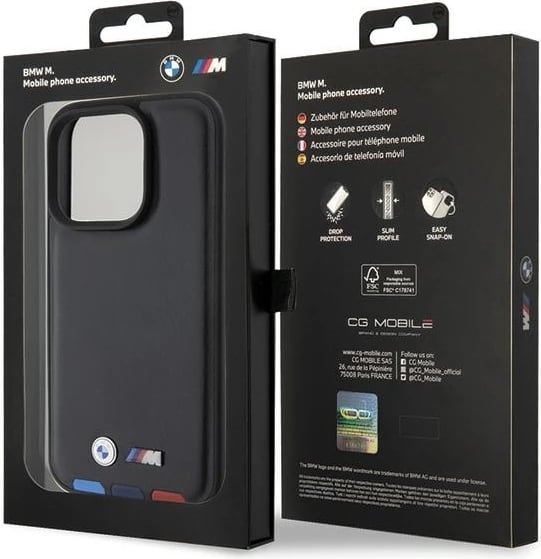 Mbështjellës BMW BMHCP15L22PTDK për iPhone 15 Pro 6.1", Leather Stamp Tricolor, i zi