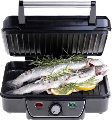 Grill elektrik kontakt 2-në-1, Mesko MS 3050, 2500W max, pllaka 28x23 cm, hapje 180°, kontroll temperature, veshje jo‑ngjitëse, me tabakë piku dhe spatulë