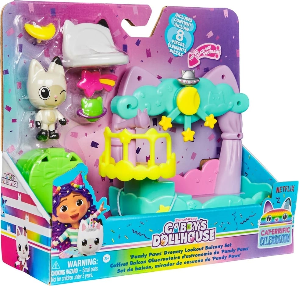 Set lodrash Gabby's Dollhouse SPIN MASTER Pandy Paws Dreamy Balcony Playset, 8 pjesë, shumëngjyrëshe