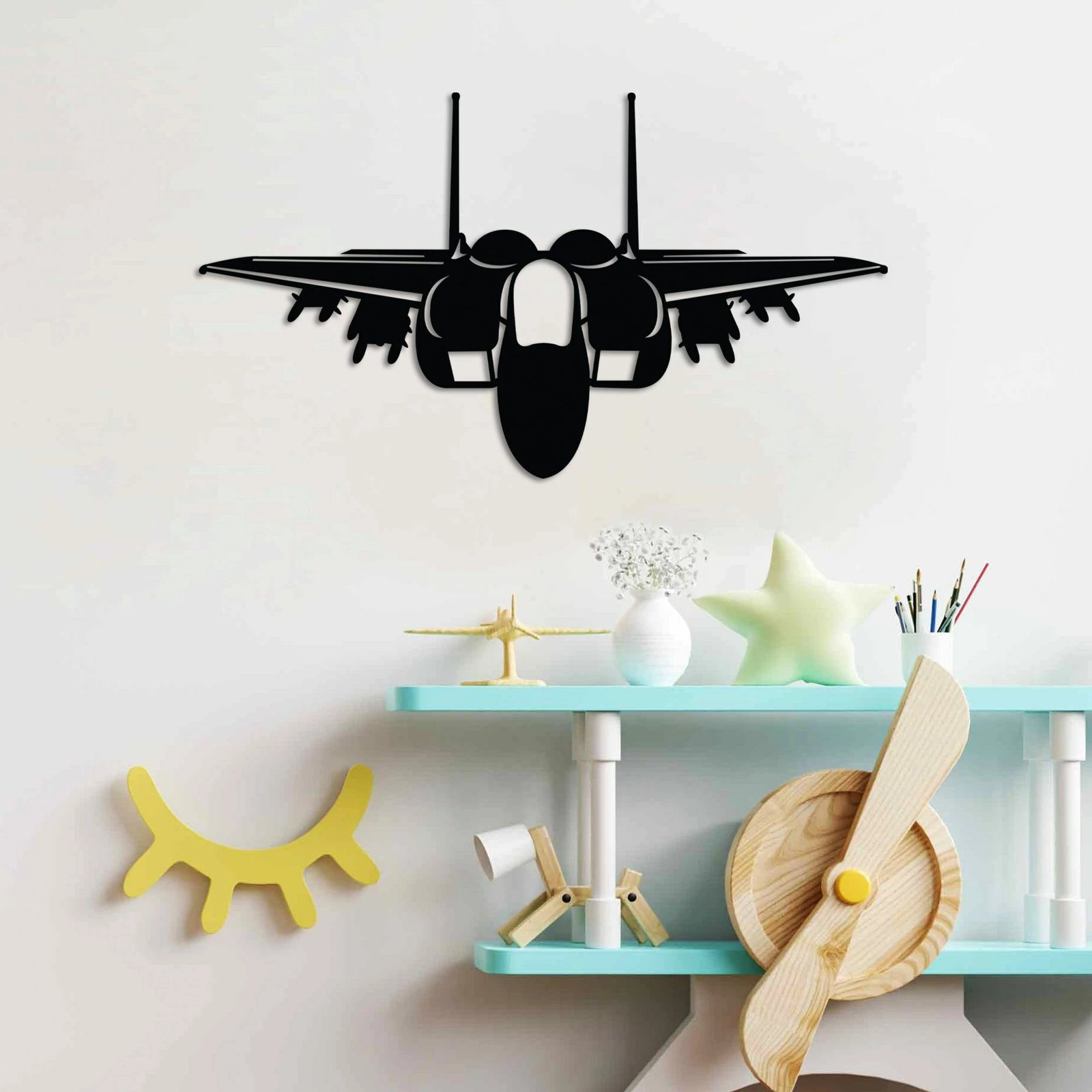 Aksesor dekorativ metalik për mur, Wallity, F-15 EX, ngjyrë e zezë, 60x34cm