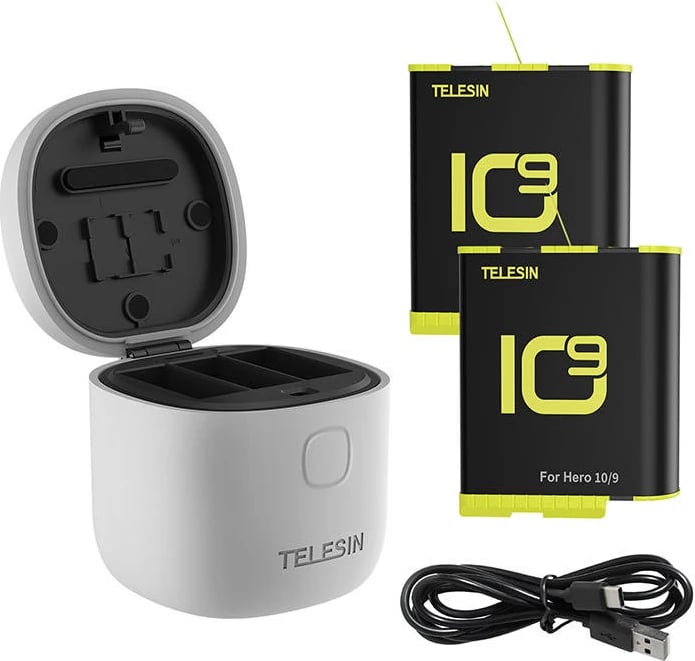 Karikues i papërshkueshëm nga uji 3-slote Telesin Allin box për GoPro Hero 9/Hero 10 me 2 bateri, Gri Karikues i papërshkueshëm nga uji 3-slote Telesin Allin box për GoPro Hero 9/Hero 10 me 2 bateri, Gri