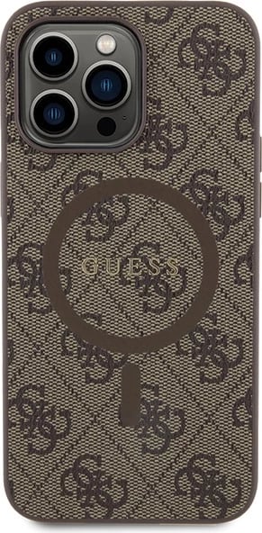 Mbështjellës Guess 4G Collection Leather Metal Logo MagSafe për iPhone 14 Pro Max, Kafe