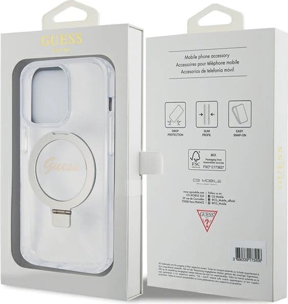 Mbështjellës Guess Ring Stand Script Glitter MagSafe për iPhone 15 Pro, Transparent