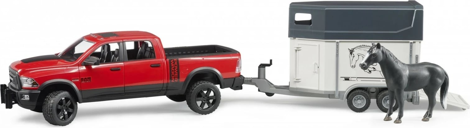 Set lodrash Bruder RAM 2500 Power Wagon me rimorkio për kuaj, 1:16, Kuqe