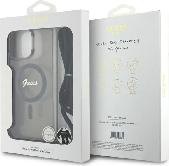 Mbështjellës Guess Crossbody Cord Script MagSafe për iPhone 16 Pro, i zi