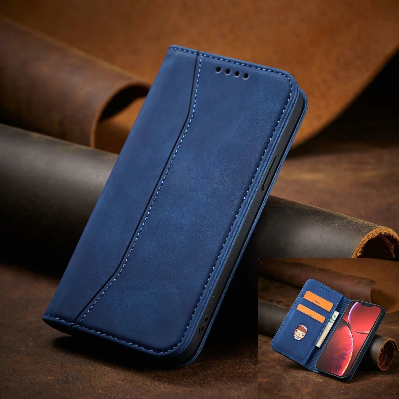 Mbështjellës Hurtel Magnet Fancy Case për iPhone 14 Pro, me kapak, portofol dhe mbajtëse, kaltër