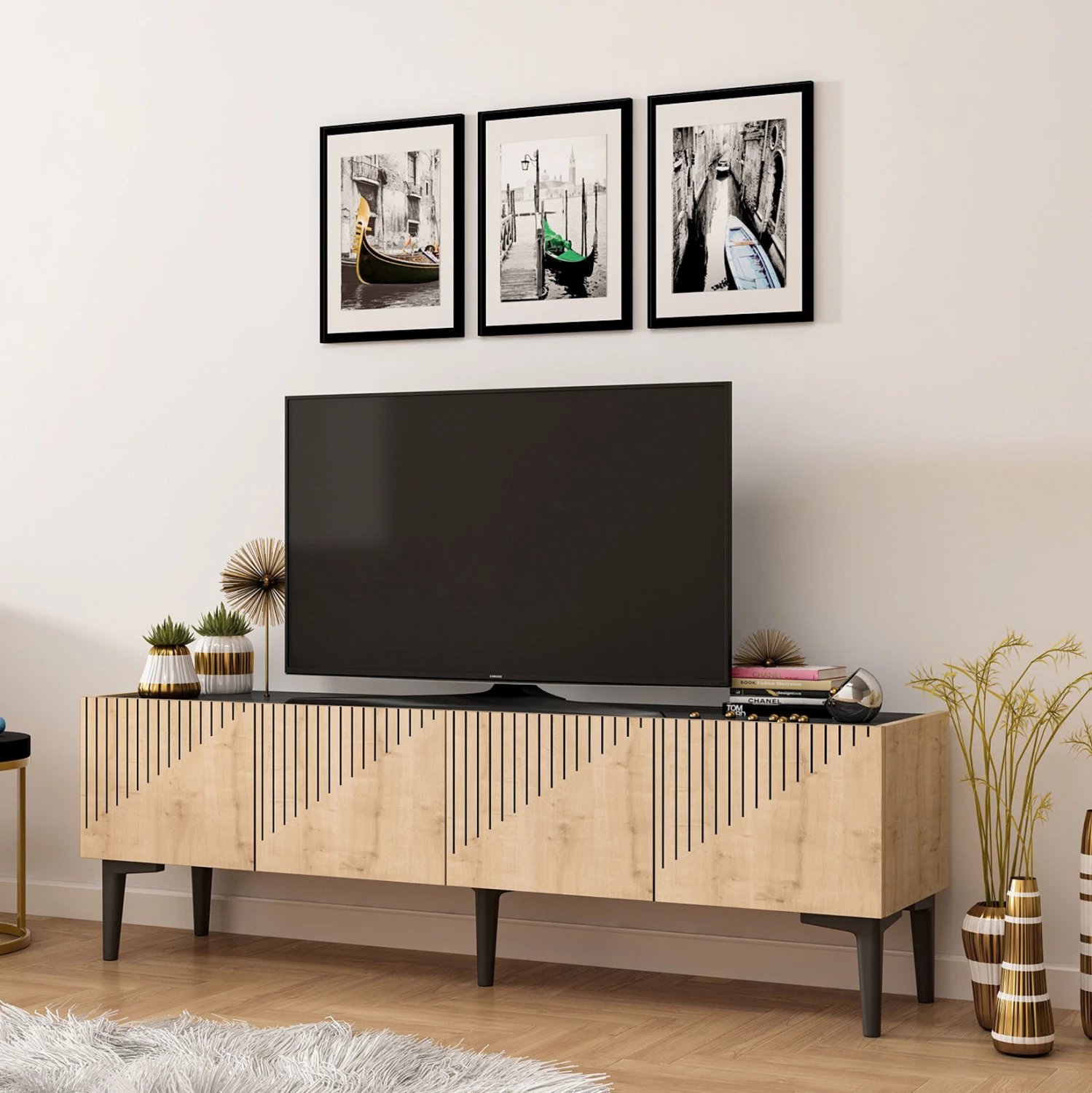 Mobilje TV melamin, ngjyrë natyrale dhe sipërfaqe mermeri të zi, 154x37x45Hcm, FH9435.01