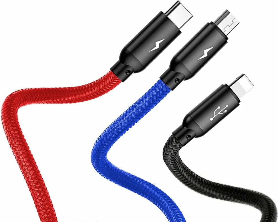 Kabllo 3-në-1 Baseus Three Primary Colors CAMLT-BSY01, 1.2m, USB-A në micro USB/Lightning/USB-C, e zezë/kuqe/kaltër Kabllo 3-në-1 Baseus Three Primary Colors CAMLT-BSY01, 1.2m, USB-A në micro USB/Lightning/USB-C, e zezë/kuqe/kaltër