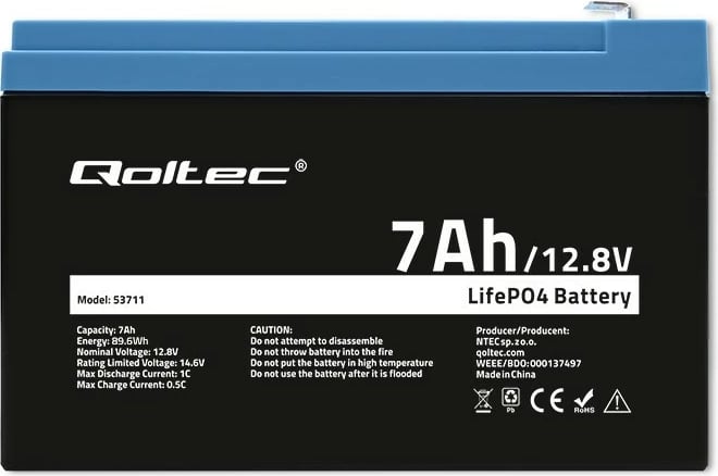 Bateri rikarikueshme Qoltec 53711, LiFePO4, 7Ah, 12.8V, me BMS