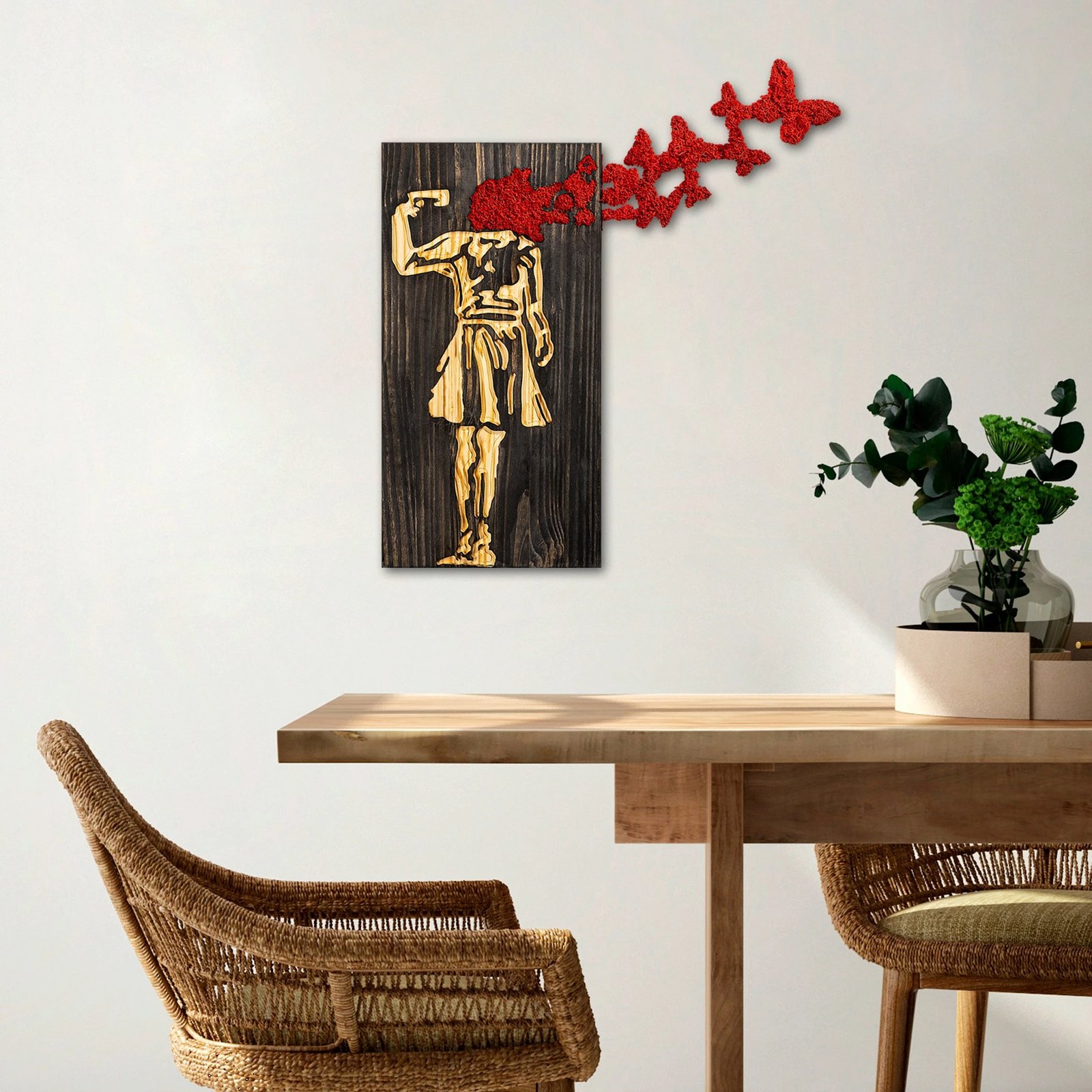 Aksesor dekorativ muri prej druri, Wallity Banksy, ngjyrë arre, kafe, e kuqe, 62x70cm