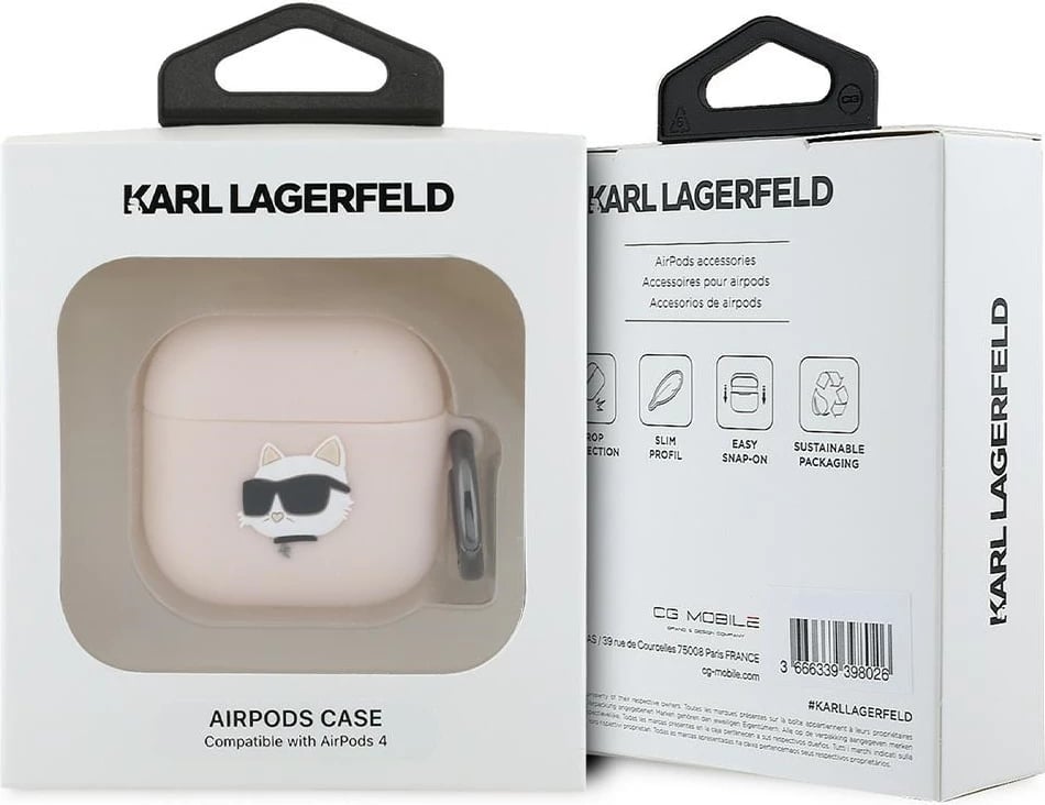 Mbështjellës Karl Lagerfeld për AirPods 4, Silicone Choupette Head 3D, Rozë