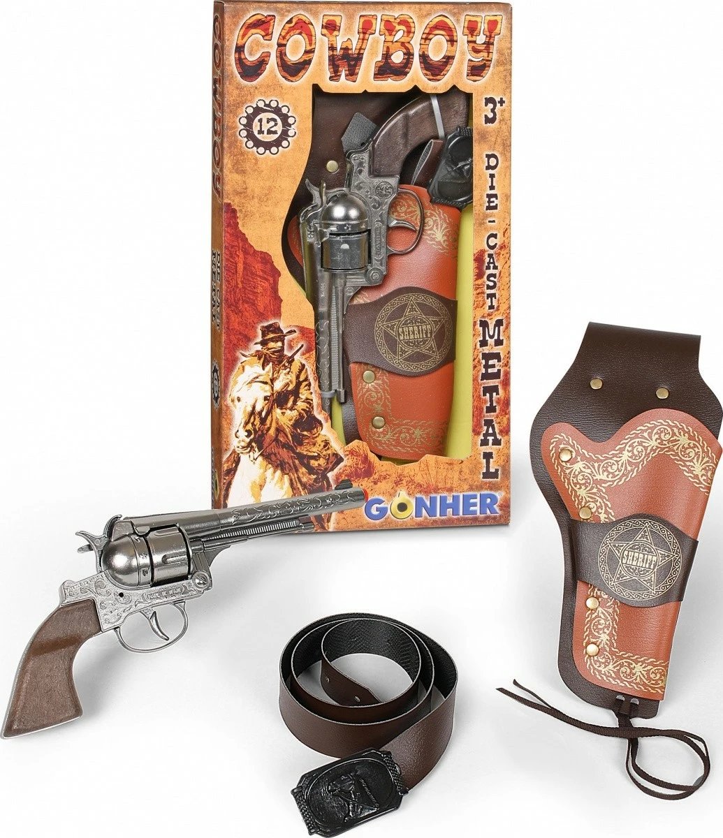 Revolver metalik lodër Pulio Gonher me mbajtëse dhe rrip, Kafe/Argjend, set