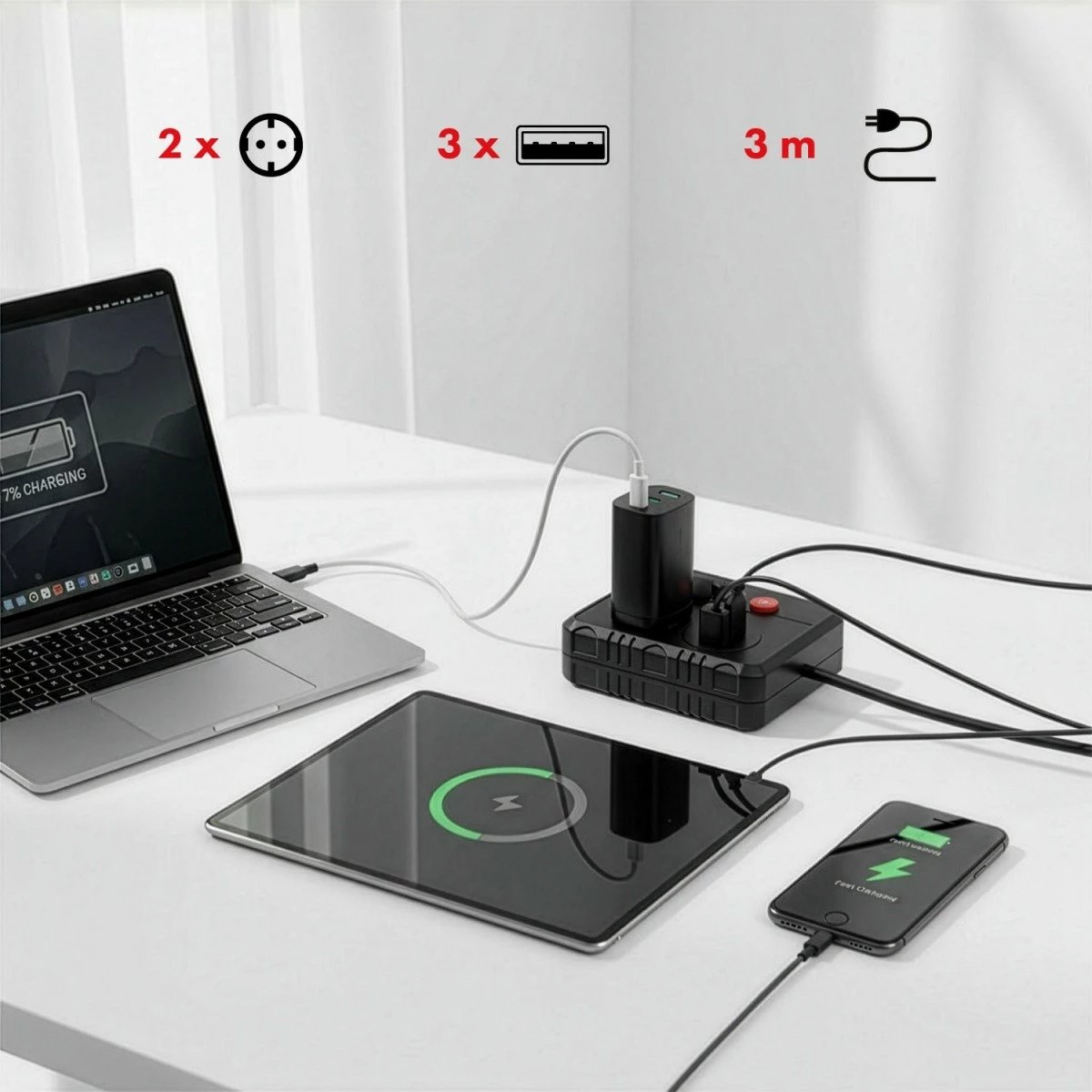 Listelë rryme, Maclean MCE388 B, 2 priza Schuko + 3x USB, 2500W, kabllo 3 m, me çelës, e zezë