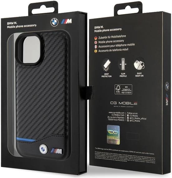 Mbështjellës BMW Leather Carbon për iPhone 15, i zi