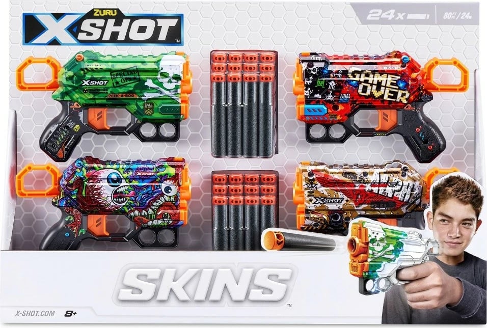 Set blastera lodër ZURU X-Shot Skins Menace, 4 copë, 24 shigjeta, shumëngjyrëshe